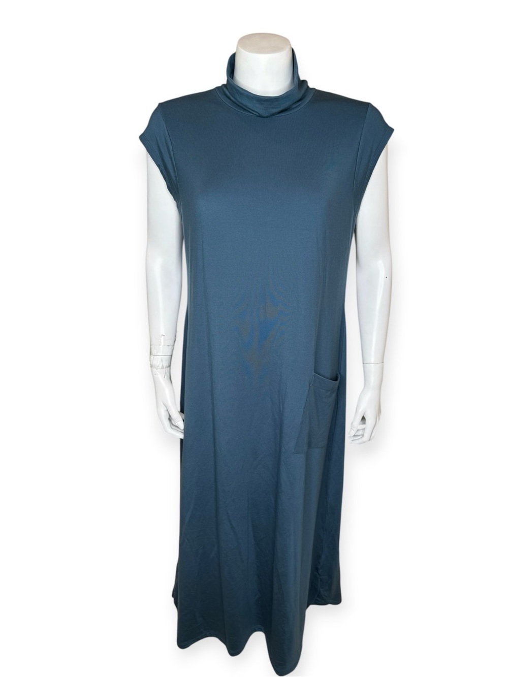 Garnet Hill Tencel Midi Dress L Mock Neck Cap Sleeve Teal Blue NWT